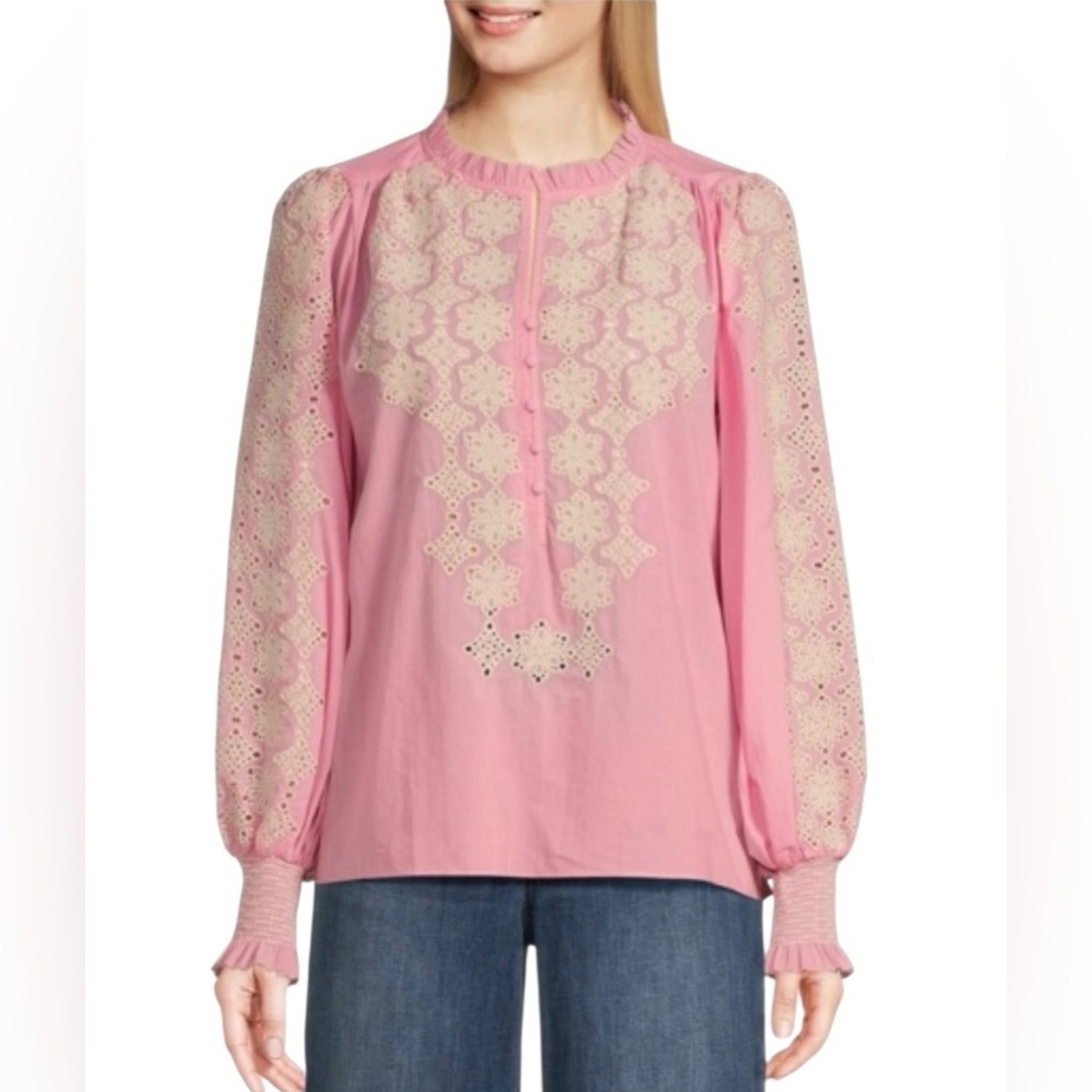 Gibson & Latimer Blush Pink Woven Embroidered Floral Ruffle Split Neck Blouse XL